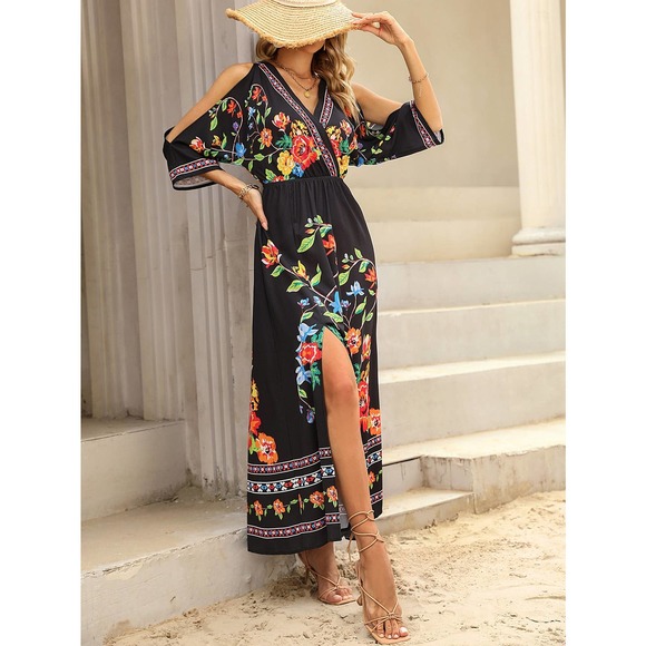 boho Floral Print Cold Shoulder maxi Dress cream - Picture 6 of 12